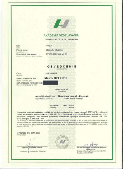 Osvedčenie 2009: rekvalifikačný kurz Manuálna masáž, klasická, 200 hodín, Akadémia vzdelávania