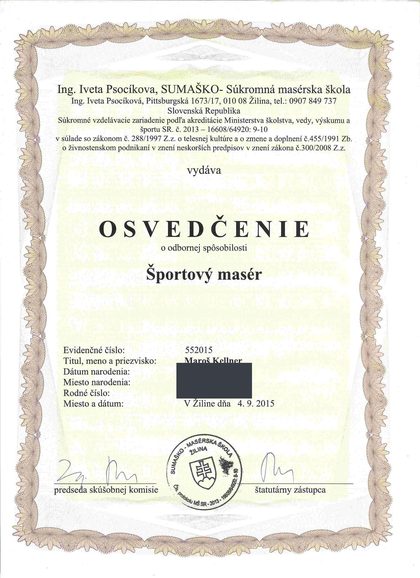 Osvedčenie Športový masér, SUMAŠKO, 2015