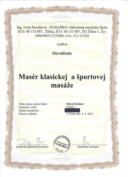 Osvedčenie Masér klasickej a športovej masáže, SUMAŠKO, 2015