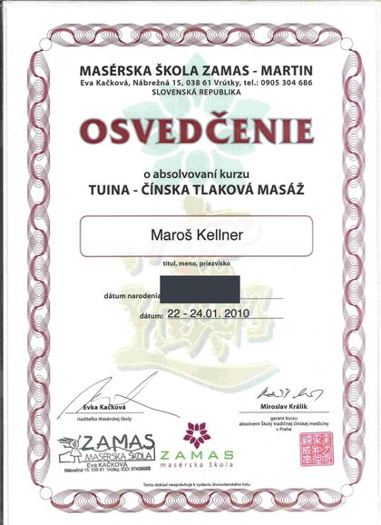 Osvedčenie z kurzu Tuina, čínska tlaková masáž, ZAMAS, 2010
