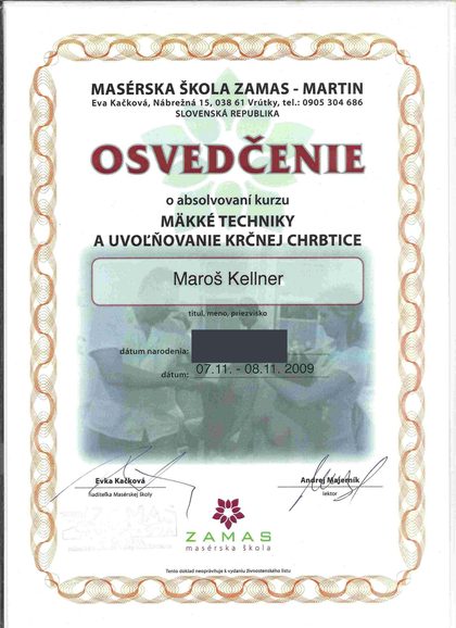 Osvedčenie Mäkké techniky a uvoľňovanie krčnej chrbtice, ZAMAS, 2009