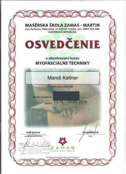 Osvedčenie 2009: Myofasciálne techniky, Masérska škola ZAMAS Martin