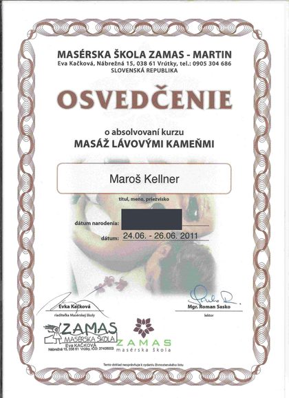 Osvedčenie z kurzu masáže lávovými kameňmi, ZAMAS, 2011