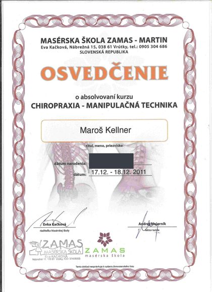 Osvedčenie z kurzu manipulačných techník chiropraxie, ZAMAS, 2011