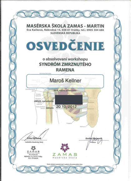 Osvedčenie z workshopu Syndróm zmrznutého ramena, ZAMAS, 2012