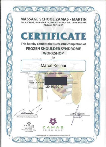 Anglická verzia certifikátu k syndrómu zmrznutého ramena, ZAMAS, 2012