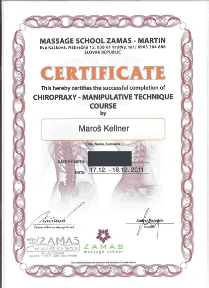 Anglická verzia certifikátu z kurzu manipulačných techník chiropraxie, ZAMAS, 2011