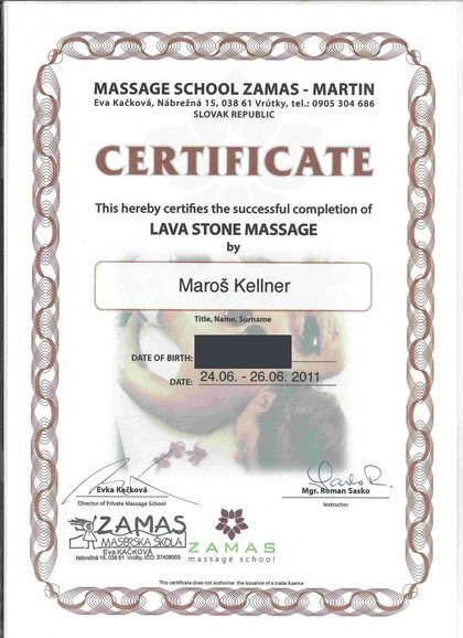 Certifikát 2011: Lava Stone Massage, Massage School ZAMAS