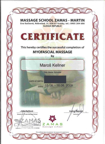 Anglická verzia certifikátu z kurzu myofasciálnych techník, ZAMAS, 2009