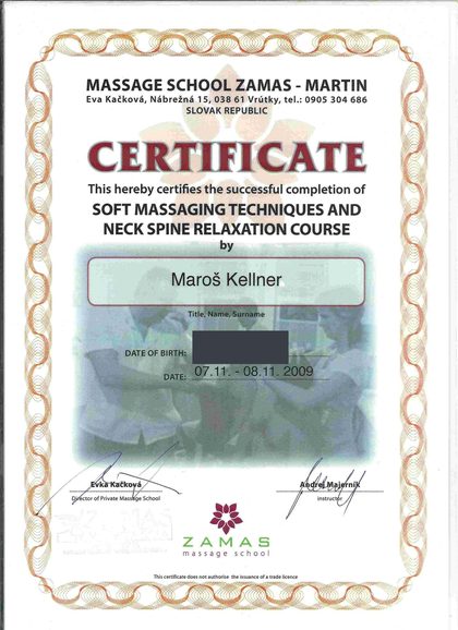 Anglická verzia certifikátu z kurzu mäkkých techník a uvoľňovania krčnej chrbtice, ZAMAS, 2009