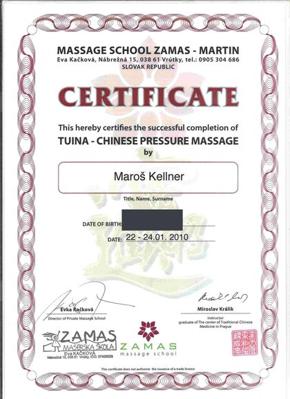 Anglická verzia certifikátu z kurzu čínskej tlakovej masáže Tuina, ZAMAS, 2010