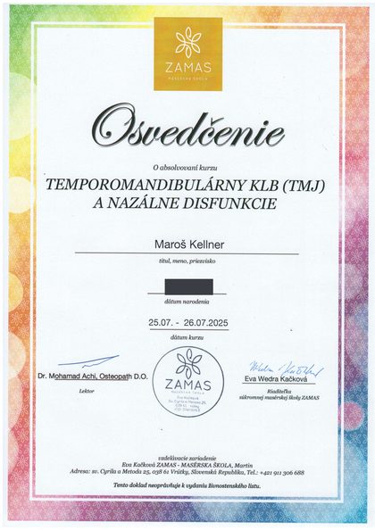 Osvedčenie 2025: Temporomandibulárny kĺb (TMJ) a nazálne disfunkcie, ZAMAS, lektor: Dr. Mohamad Achi