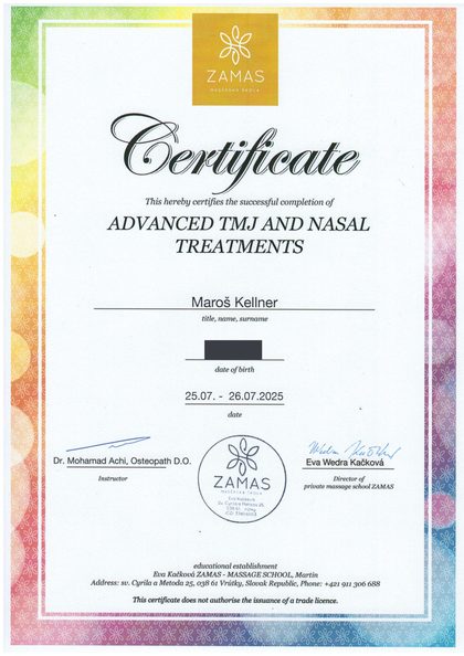 Anglická verzia certifikátu Advanced TMJ and Nasal Treatments, ZAMAS, 2025