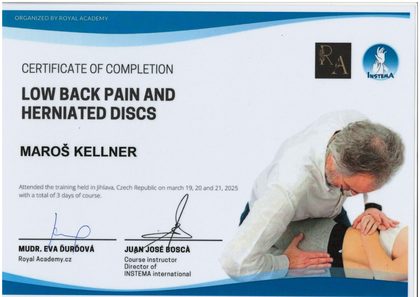 Certifikát 2025: Low Back Pain and Herniated Discs, Royal Academy / INSTEMA, Jihlava, lektor: Juan José Boscá