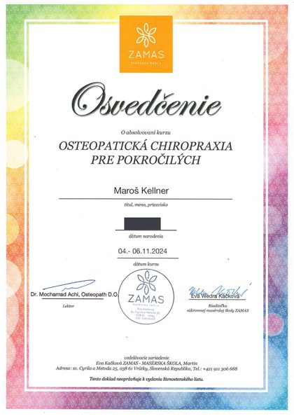 Osvedčenie 2024: Osteopatická chiropraxia pre pokročilých, ZAMAS, lektor: Dr. Mohamad Achi