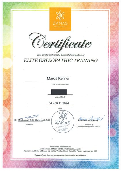 Anglická verzia certifikátu Elite Osteopathic Training, ZAMAS, 2024