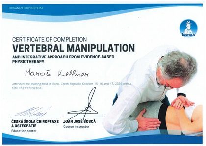 Certifikát 2024: Vertebral Manipulation and Integrative Approach from Evidence-Based Physiotherapy, INSTEMA, Brno, lektor: Juan José Boscá