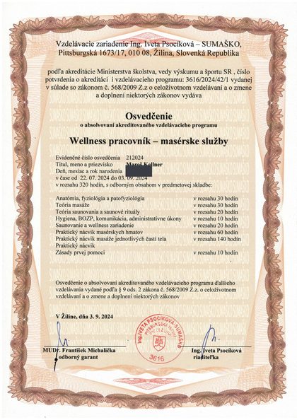 Osvedčenie 2024: akreditovaný program Wellness pracovník - masérske služby, 320 hodín, SUMAŠKO, Žilina