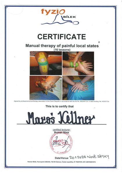 Certifikát 2024: Manual therapy of painful local states, Fyzio Bílek, Nové Zámky, lektor: Roman Bílek