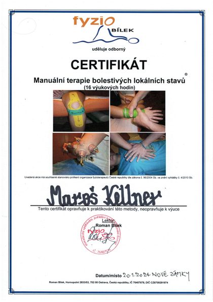 Česká verzia certifikátu Manuálna terapia bolestivých lokálnych stavov, Fyzio Bílek, 2024